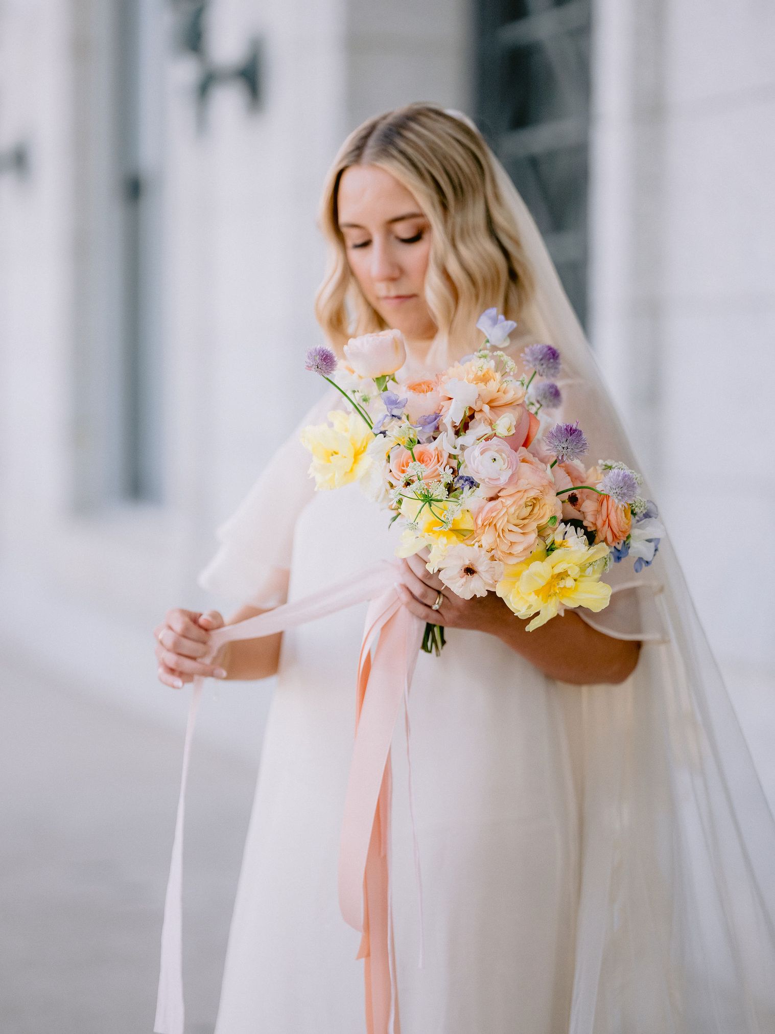 bridal bouquet with long ribbon