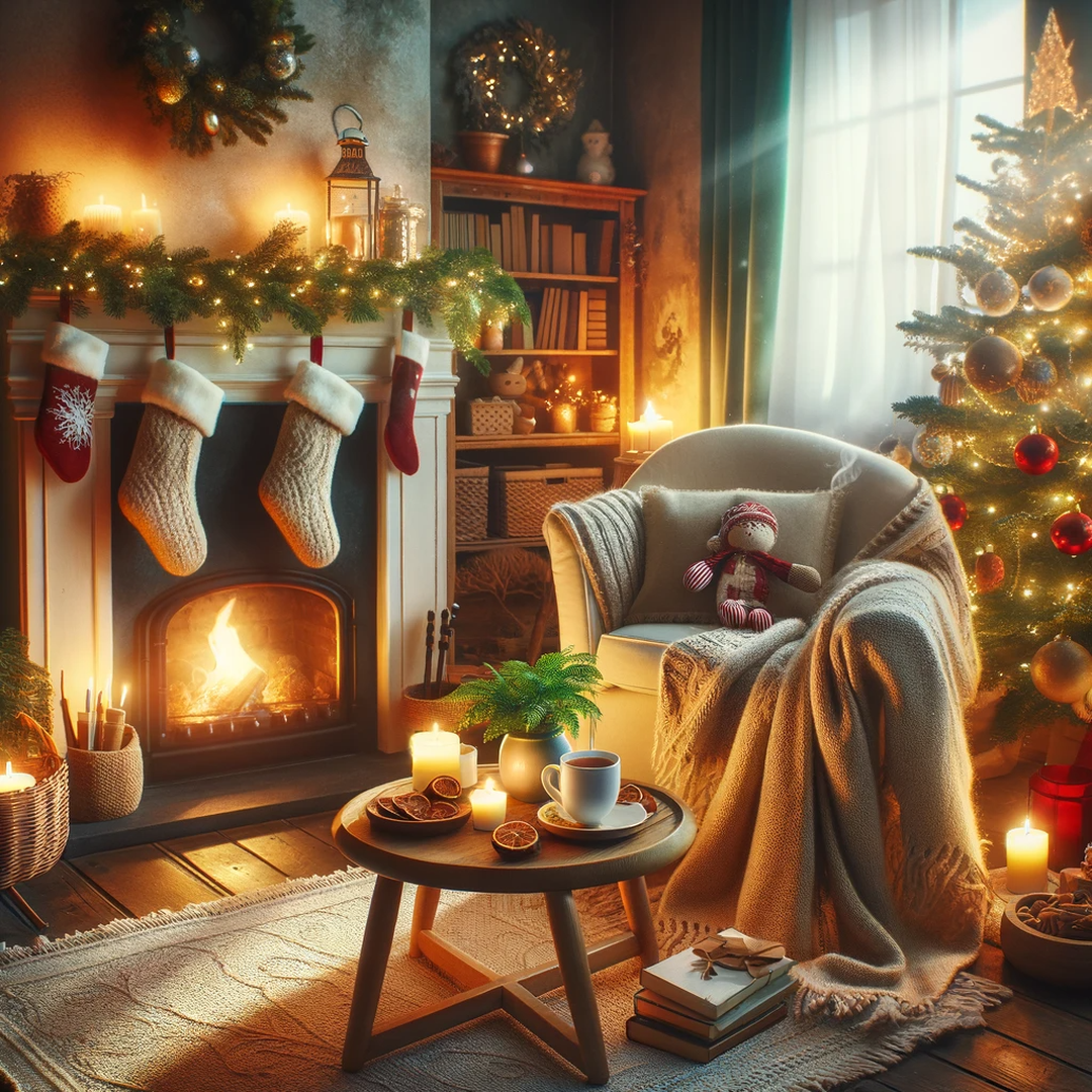 a cozy scene with christmas tree and fireplace
