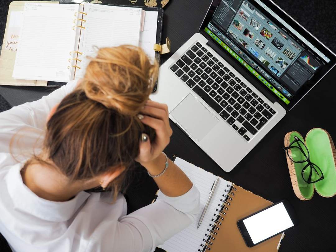 Woman working with laptop and diary