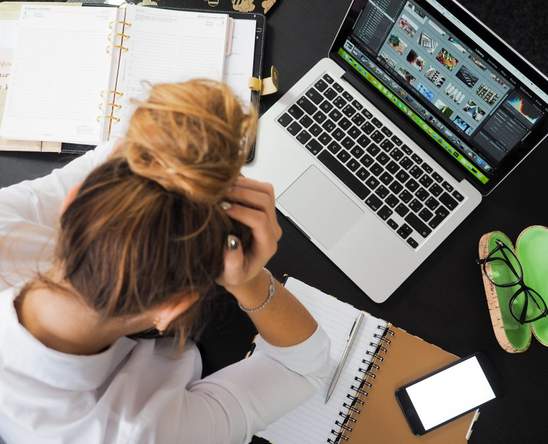 Woman working with laptop and diary