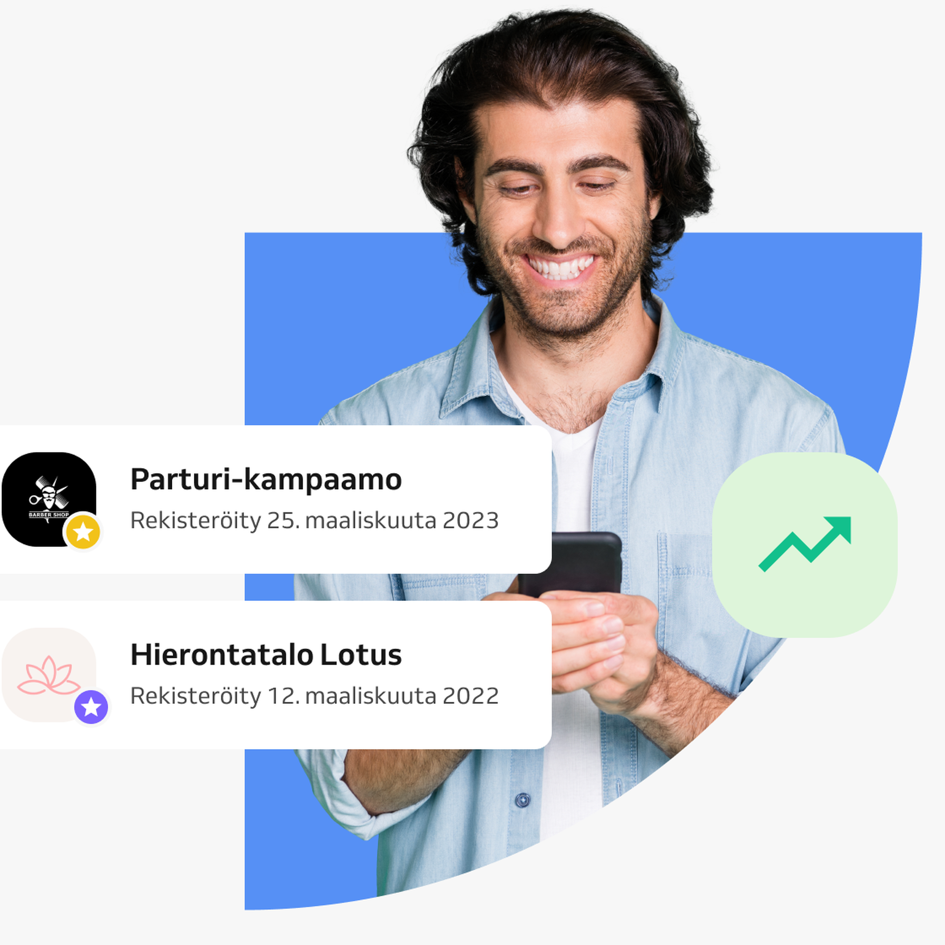 Rekisteröidyt yritykset ja mies puhelimen kanssa