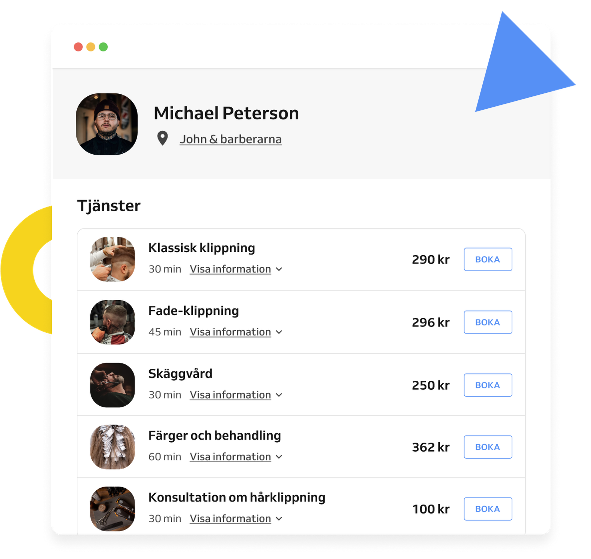 Tjänster på bokningswebbplatsen