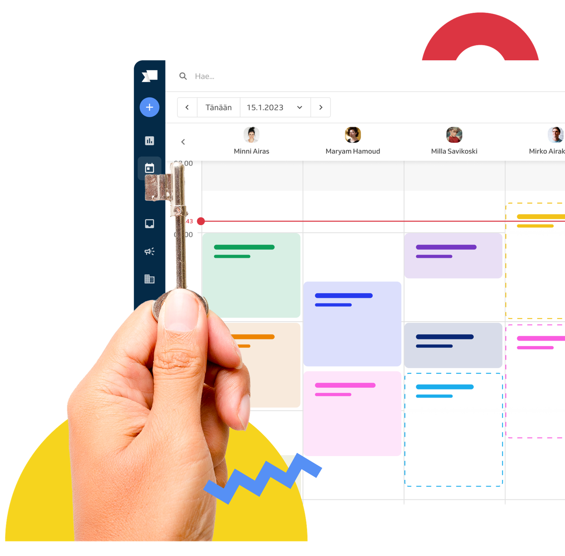 avain kädessä; varauskalenteri
