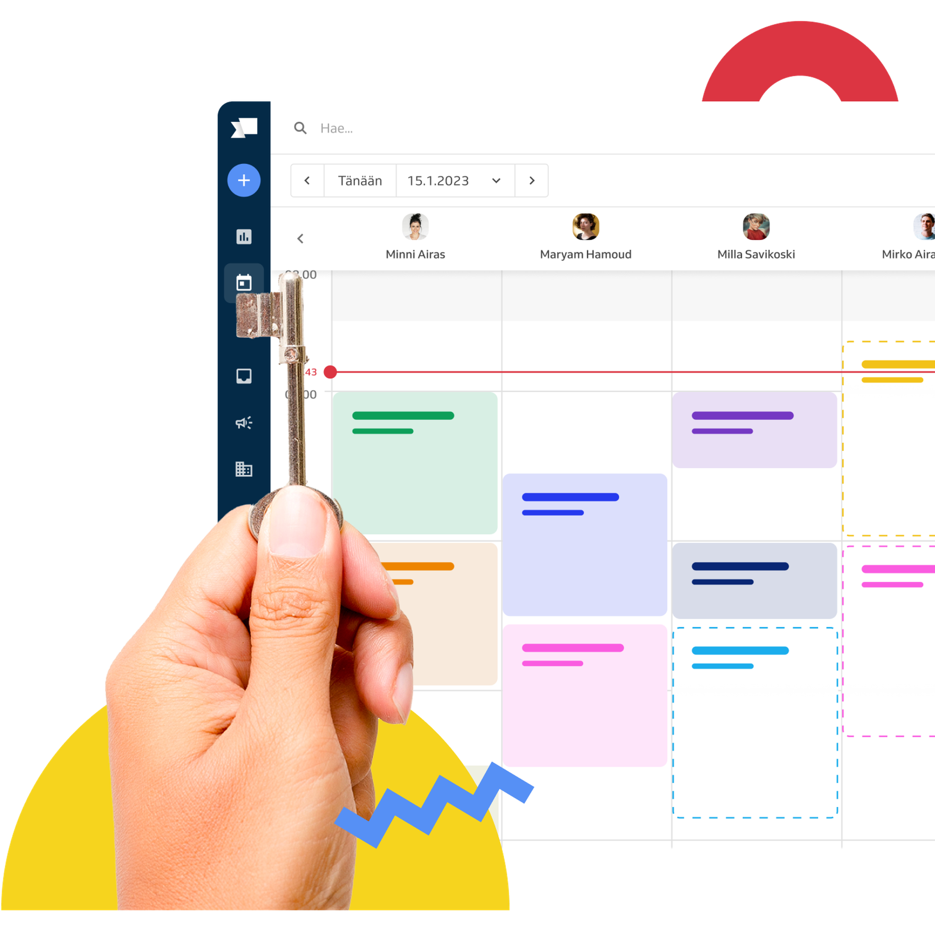 avain kädessä; varauskalenteri