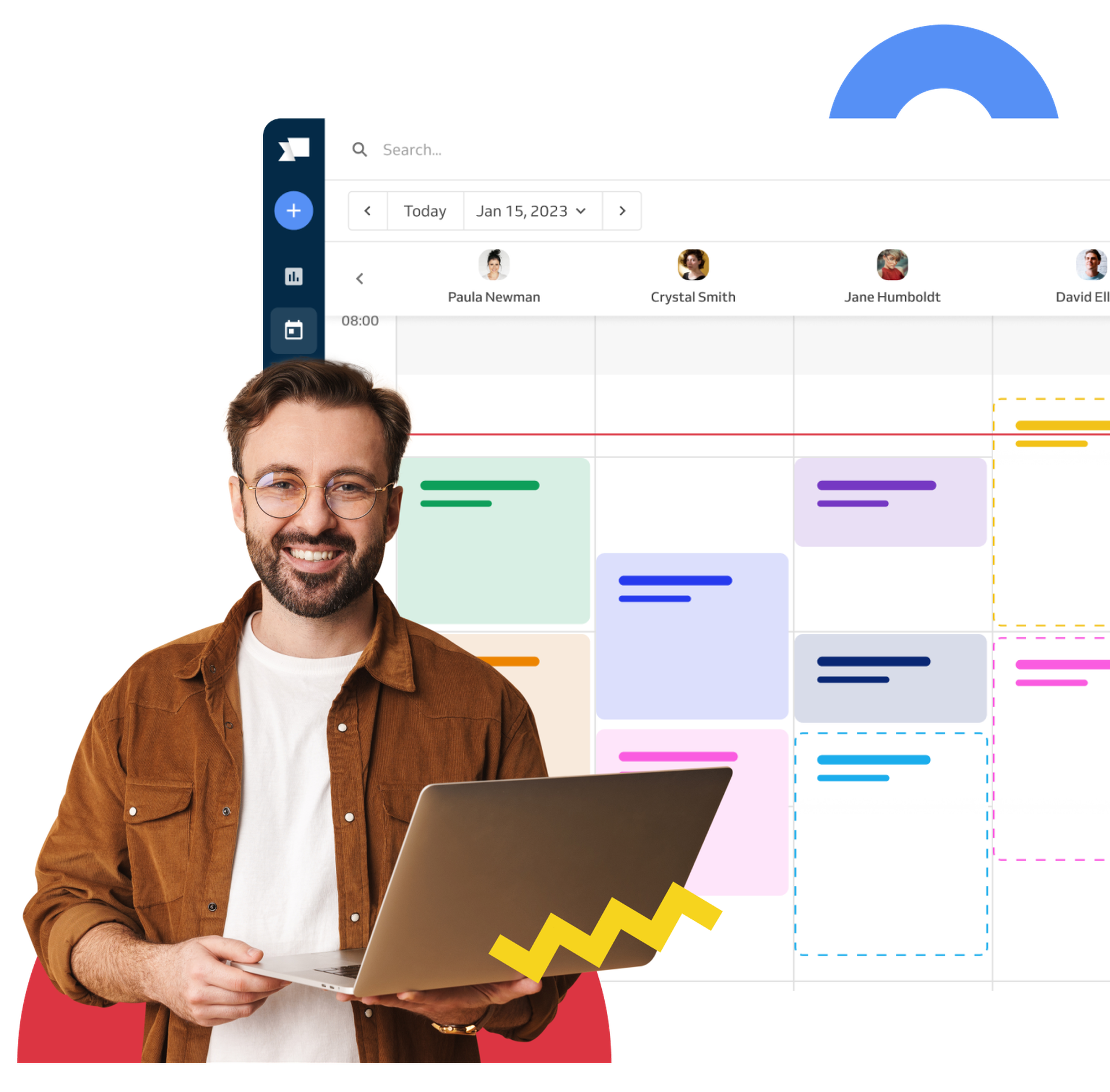 Tutor with laptop and calendar behind him