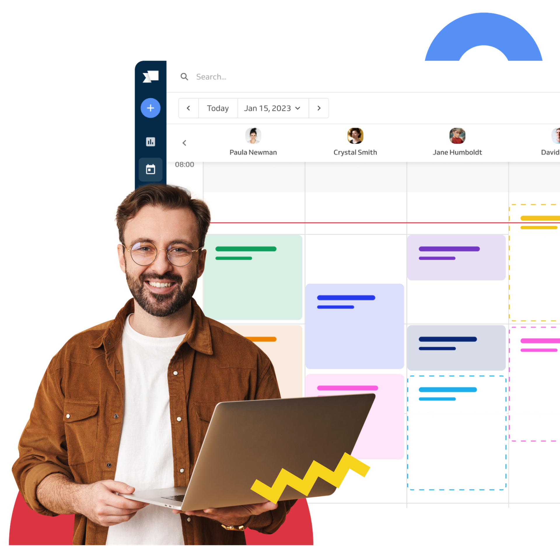 Tutor with laptop and calendar behind him