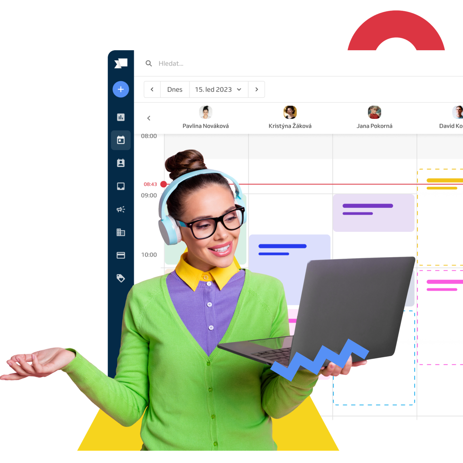 Teacher with laptop and calendar behind him