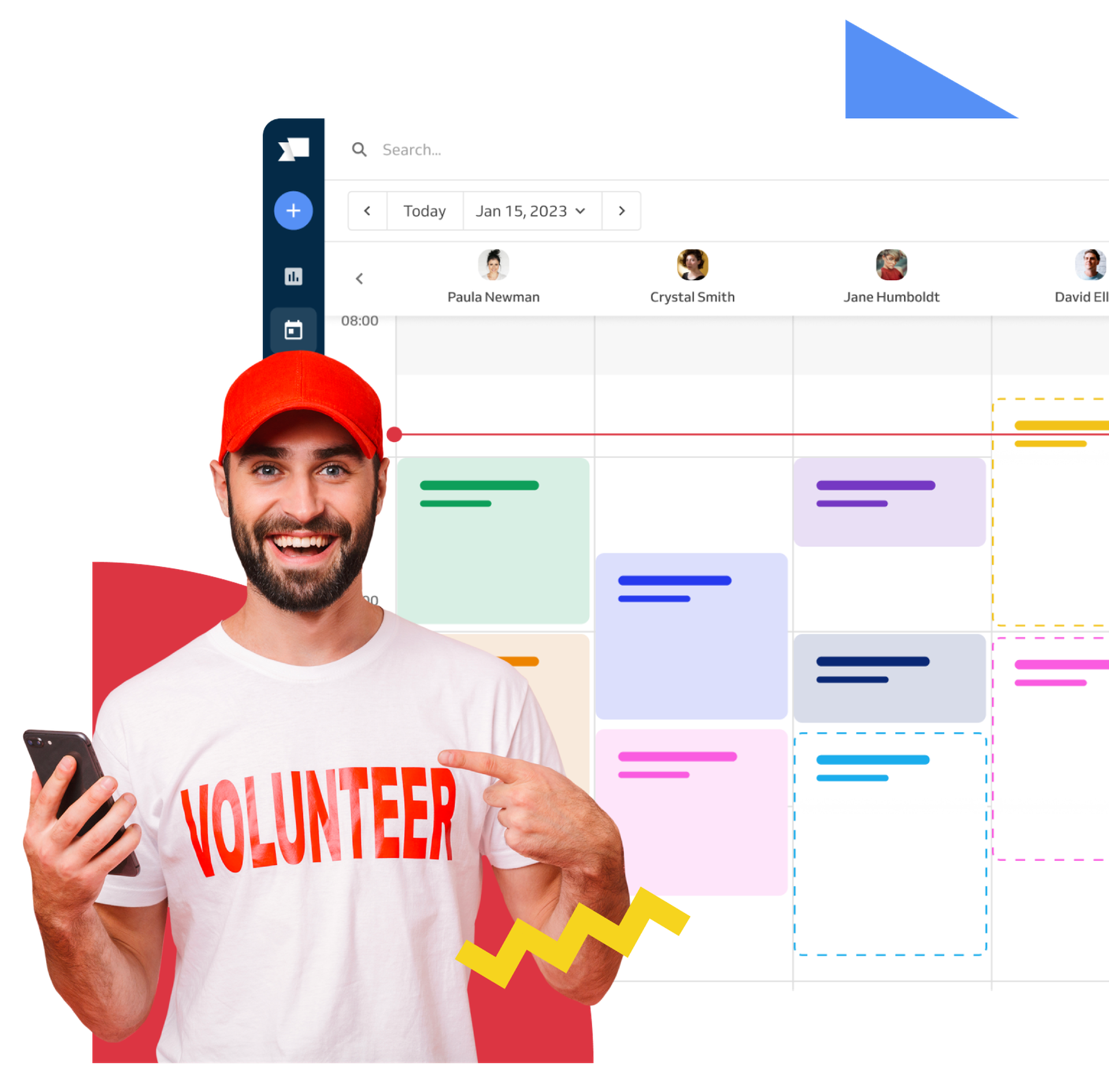 Volunteer and calendar behind him