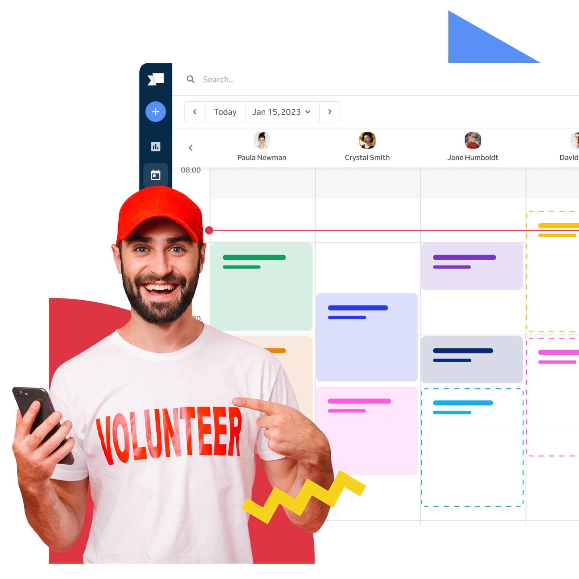 Volunteer and calendar behind him