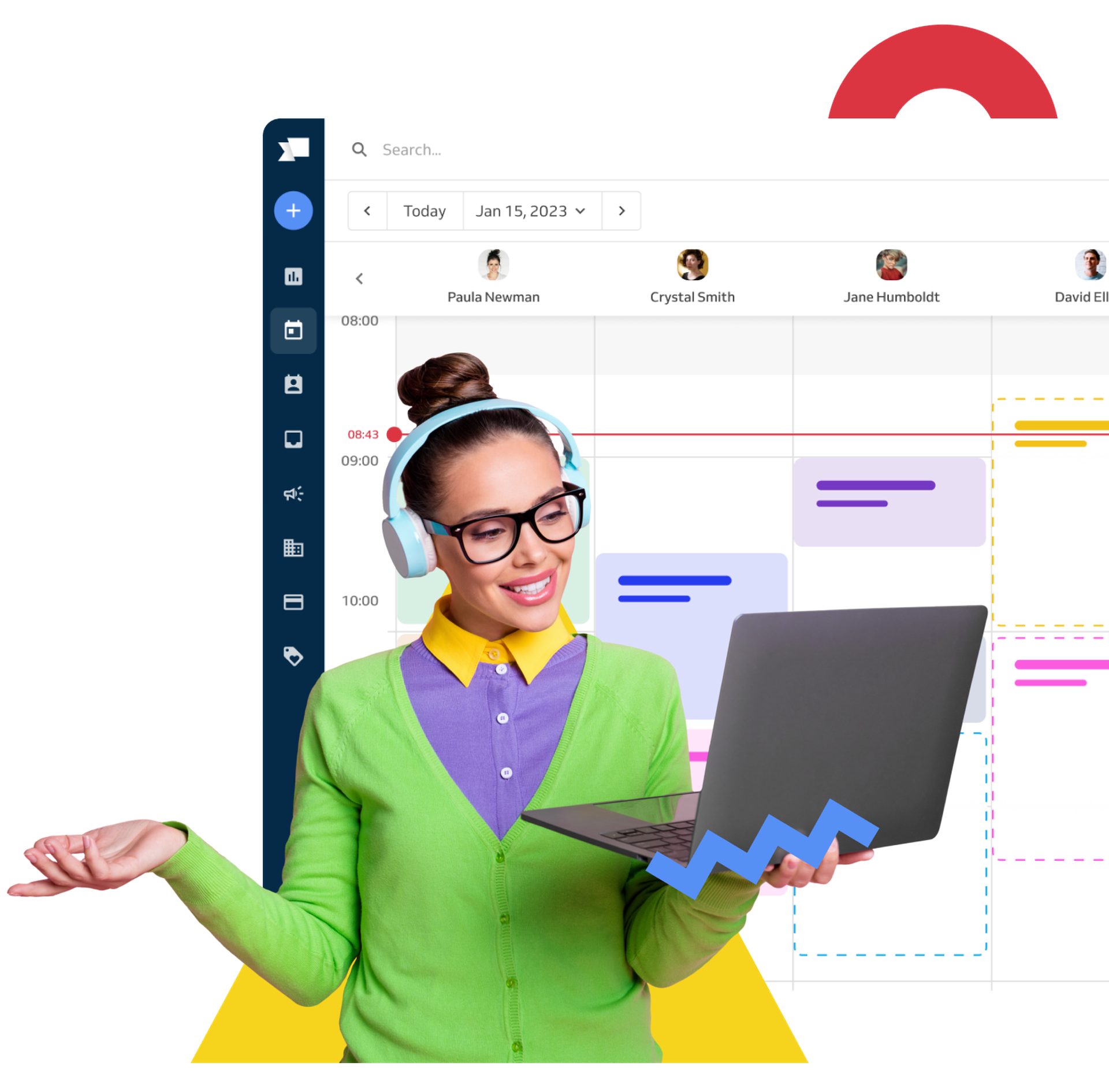 Teacher with laptop and calendar behind him