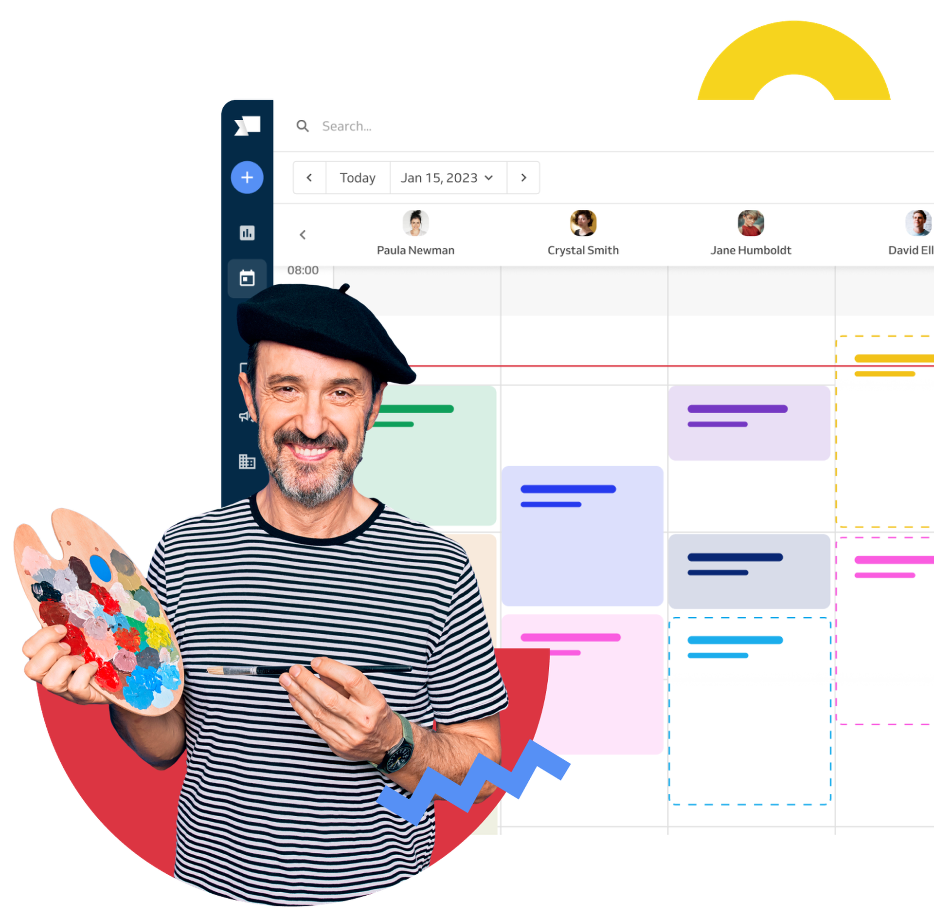 Art teacher and calendar behind him