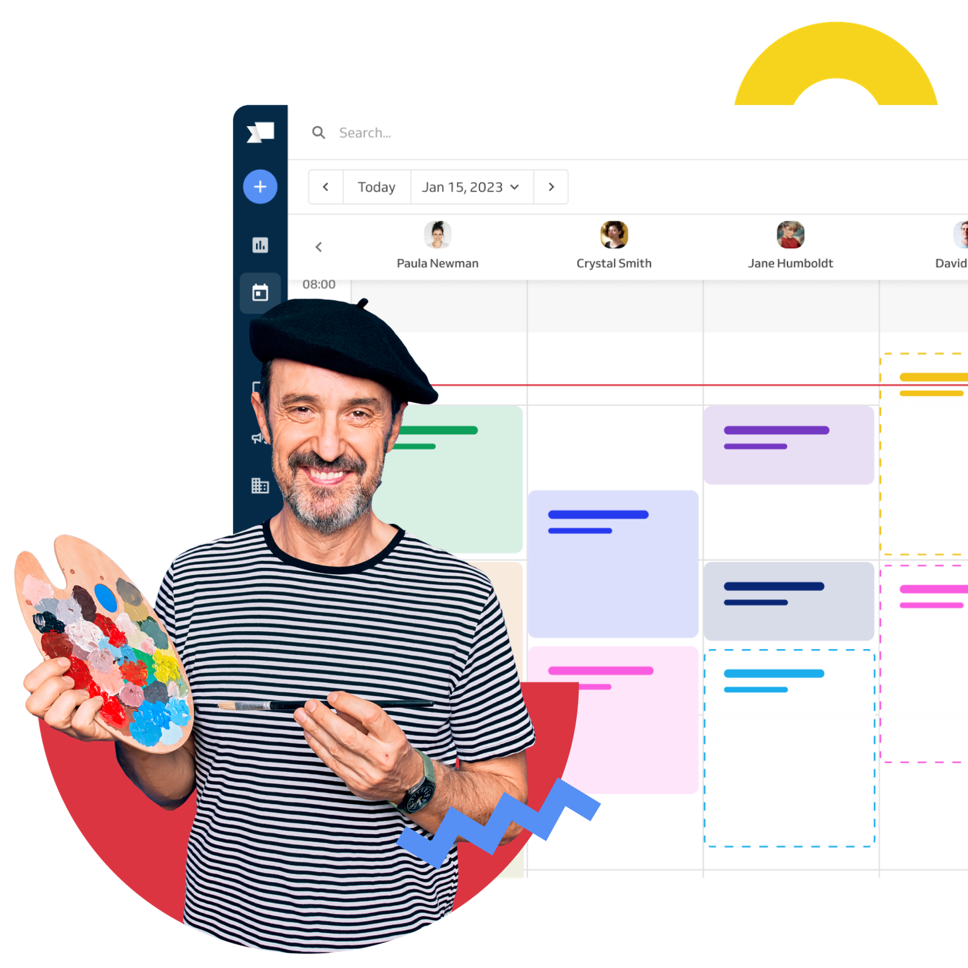 Art teacher and calendar behind him