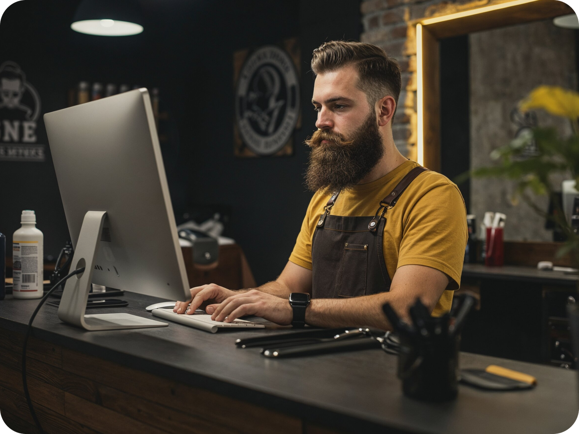 barber with laptop in barbershops