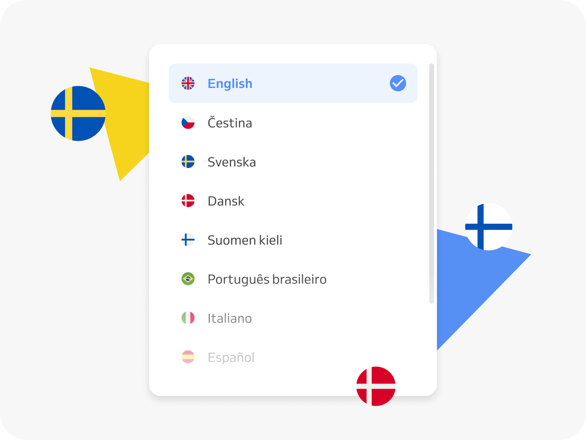 menu de idiomas com idiomas nórdicos