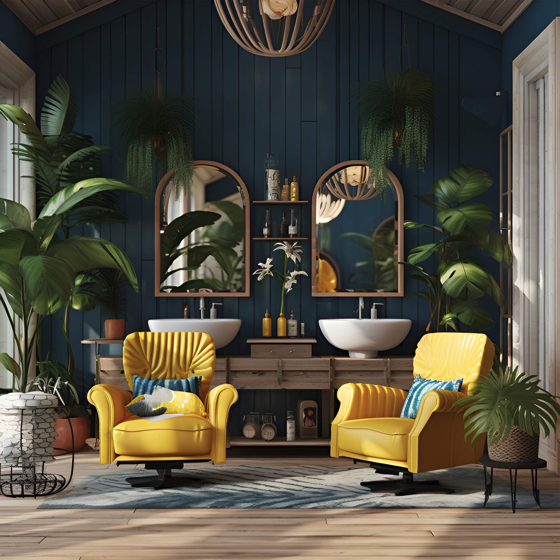 nowoczesne przytulne wnętrze salonu w niebieskim i żółtym