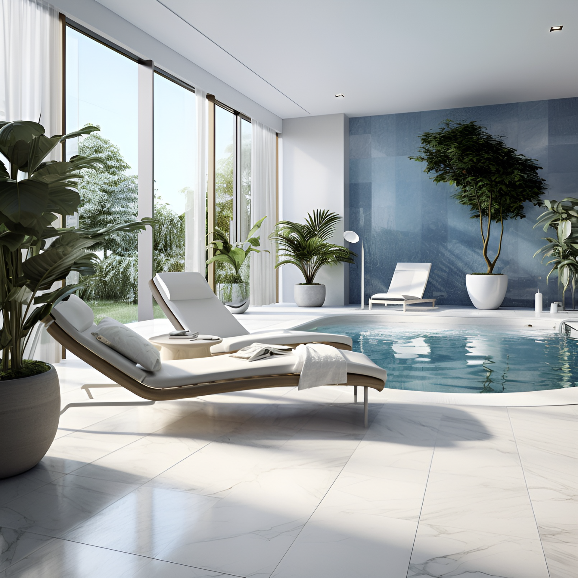 indoor pool with deckchairs