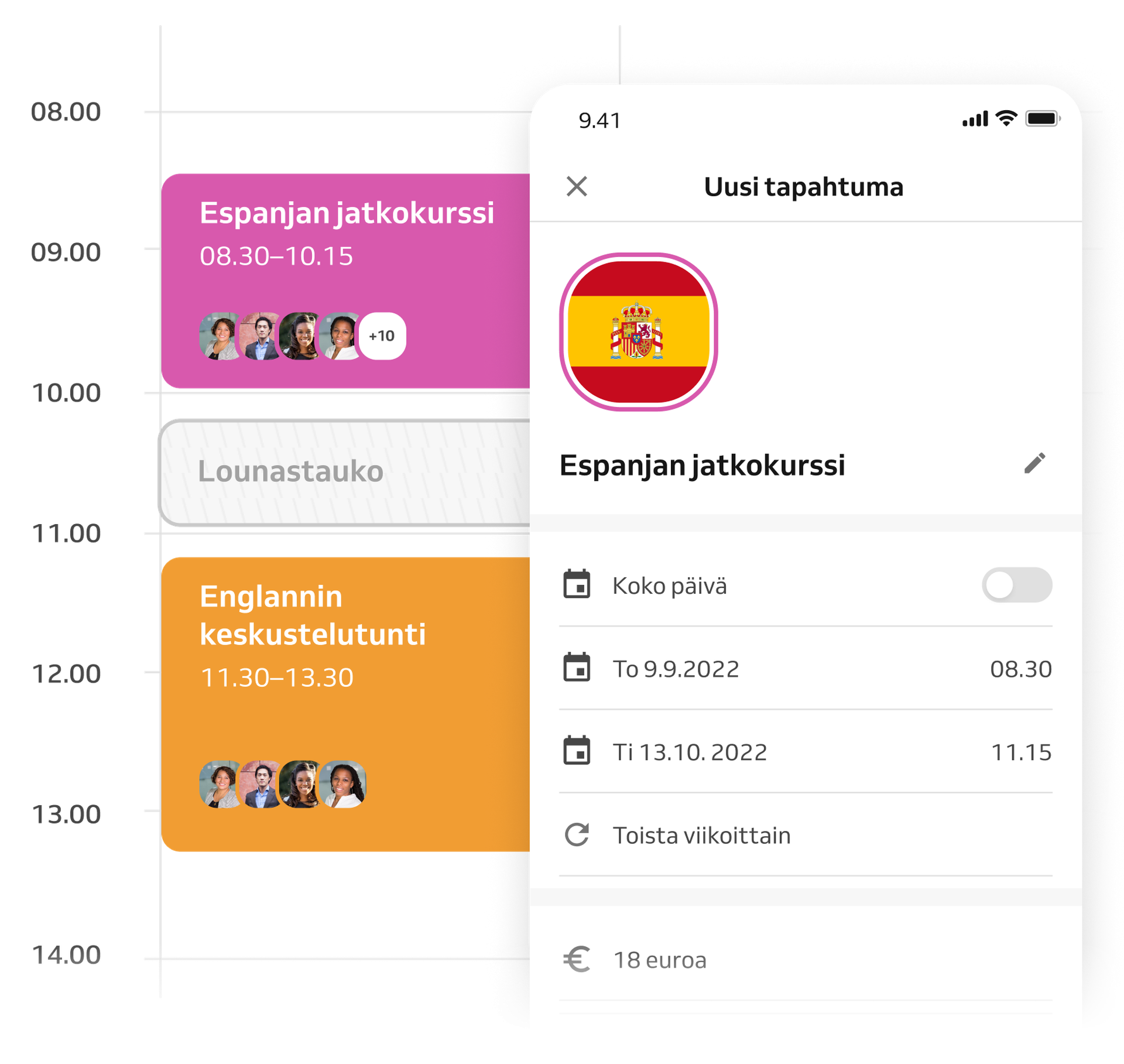 Tapahtumien ja luokkien aikataulutus kalenterissa