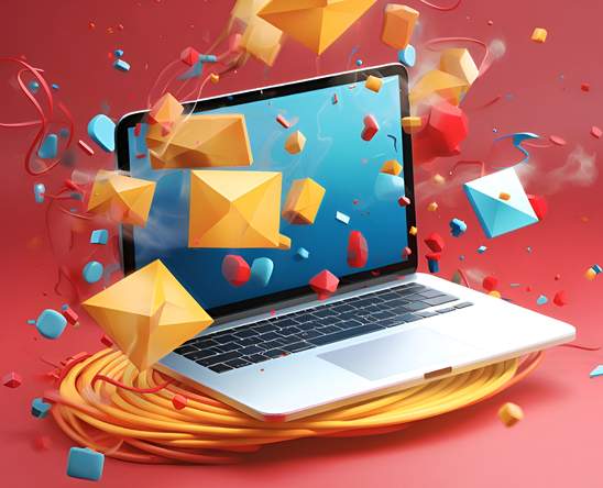 laptop with email reminders on red background