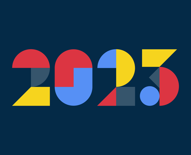 2023 in yellow, red and blue