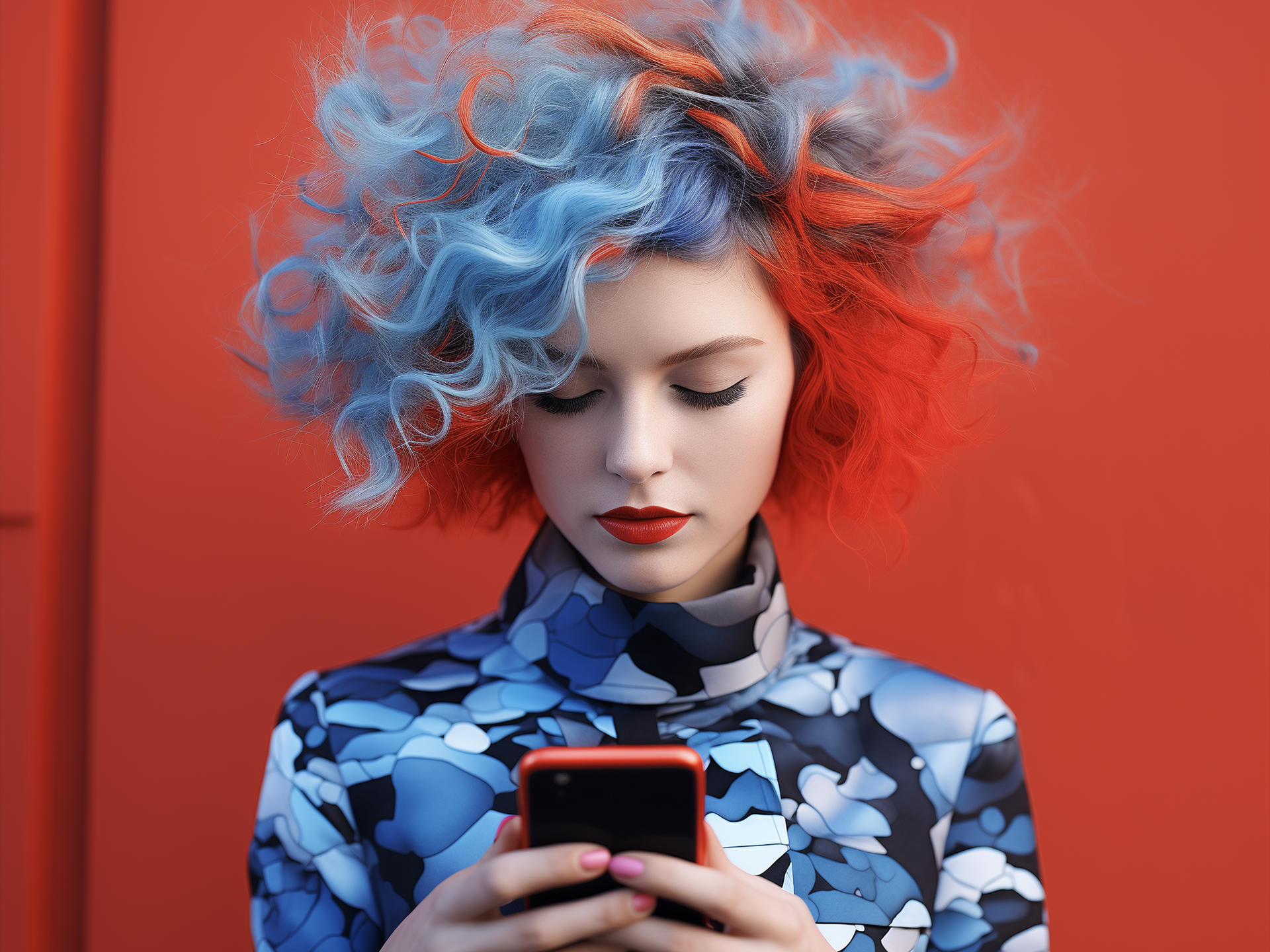 Lady  with blue and red hair holding phone in her hands