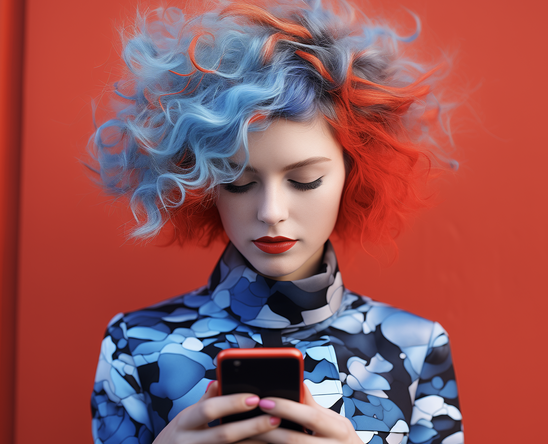 Lady  with blue and red hair holding phone in her hands