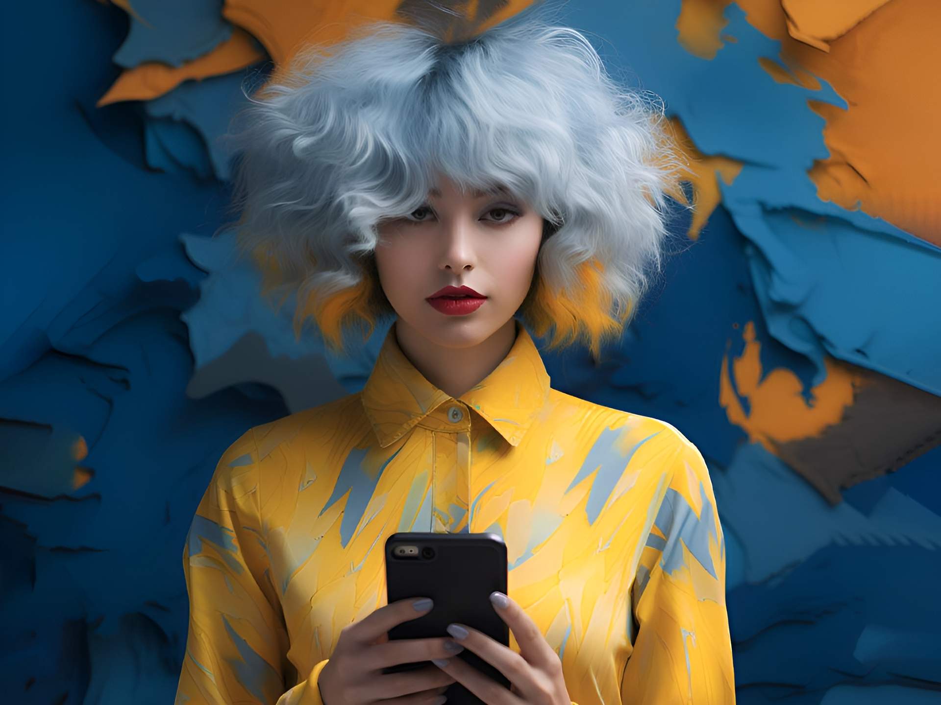 lady with wild haircut  in yellow and blue holding a smartphone