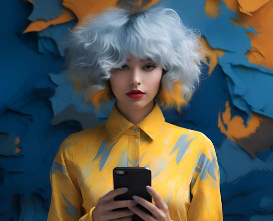 lady with wild haircut  in yellow and blue holding a smartphone