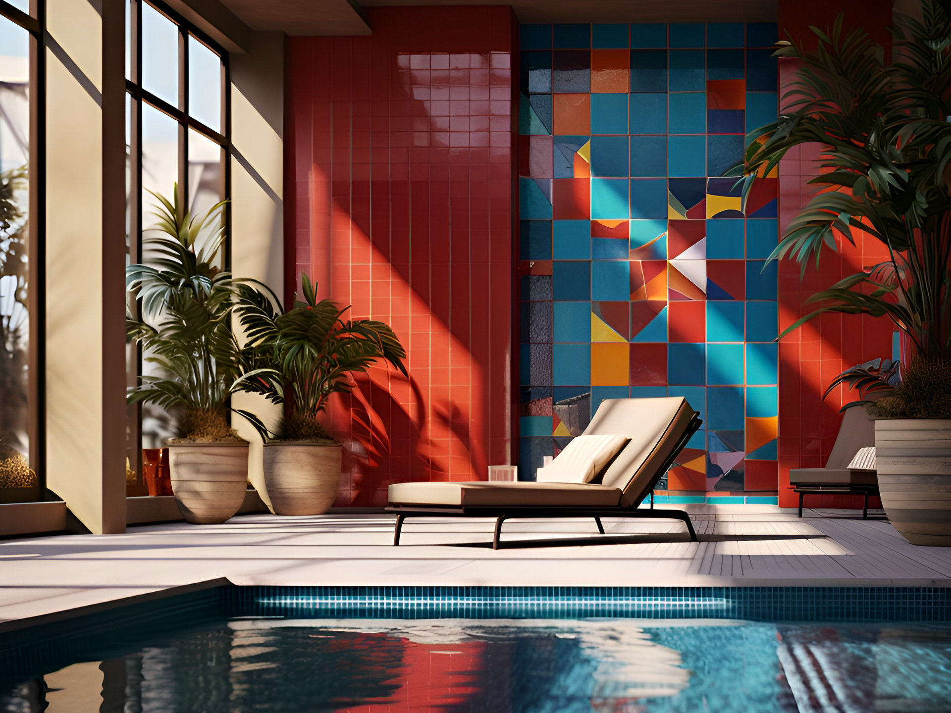 pool side with a deckchair