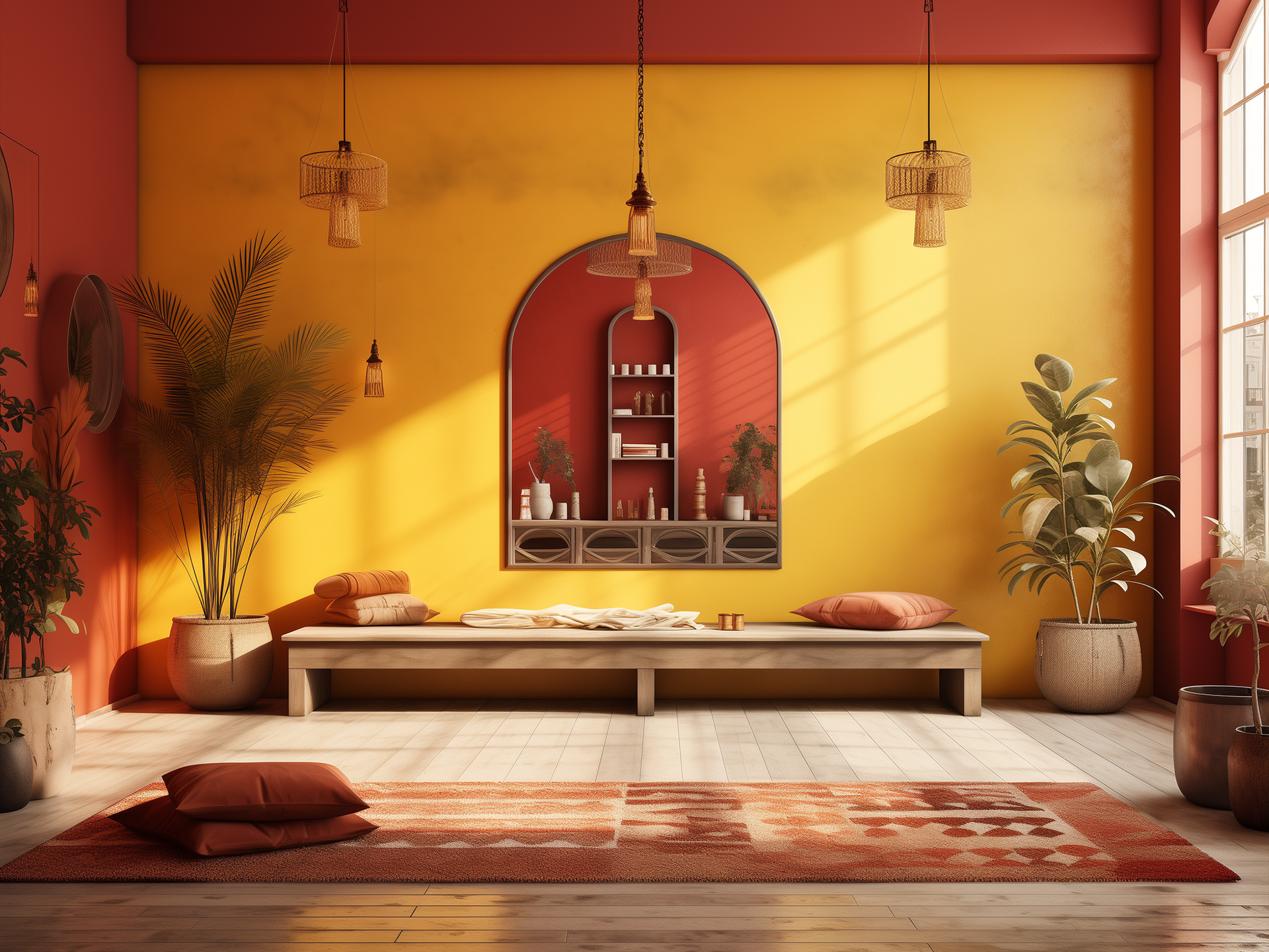 yoga studio with red and yellow walls