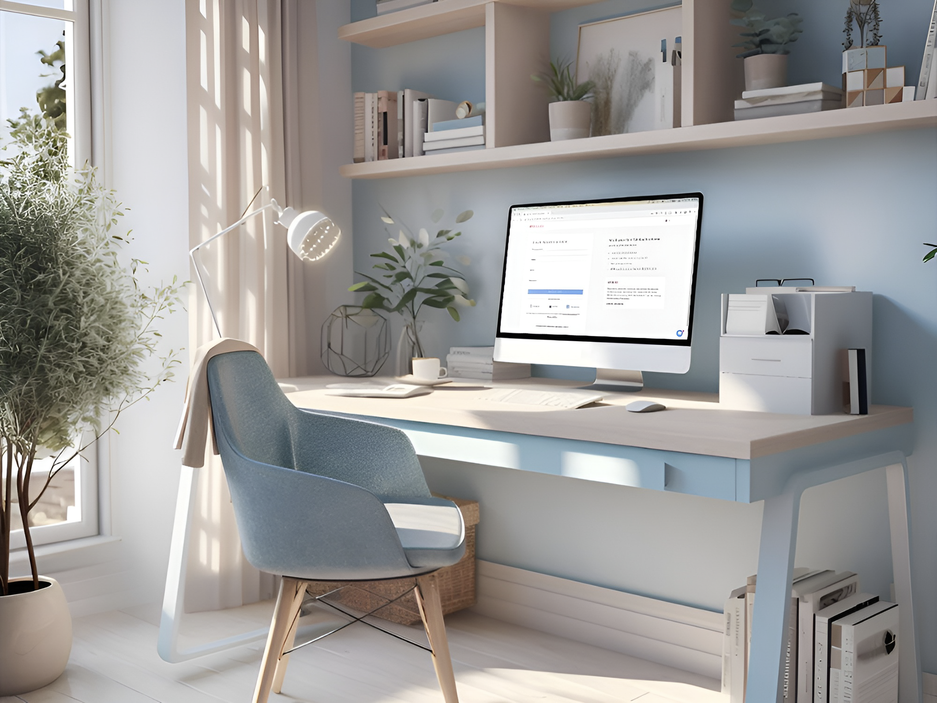 working space with a booking website on-screen