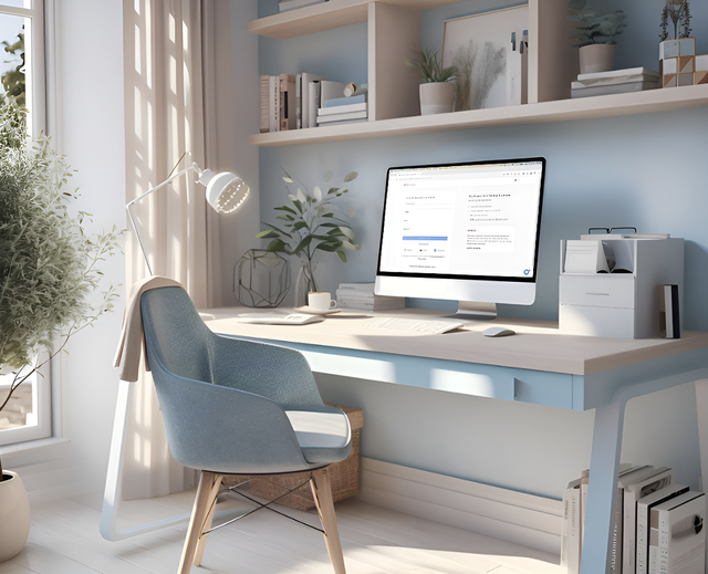 working space with a booking website on-screen