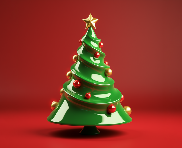 plastic christmas tree on red background