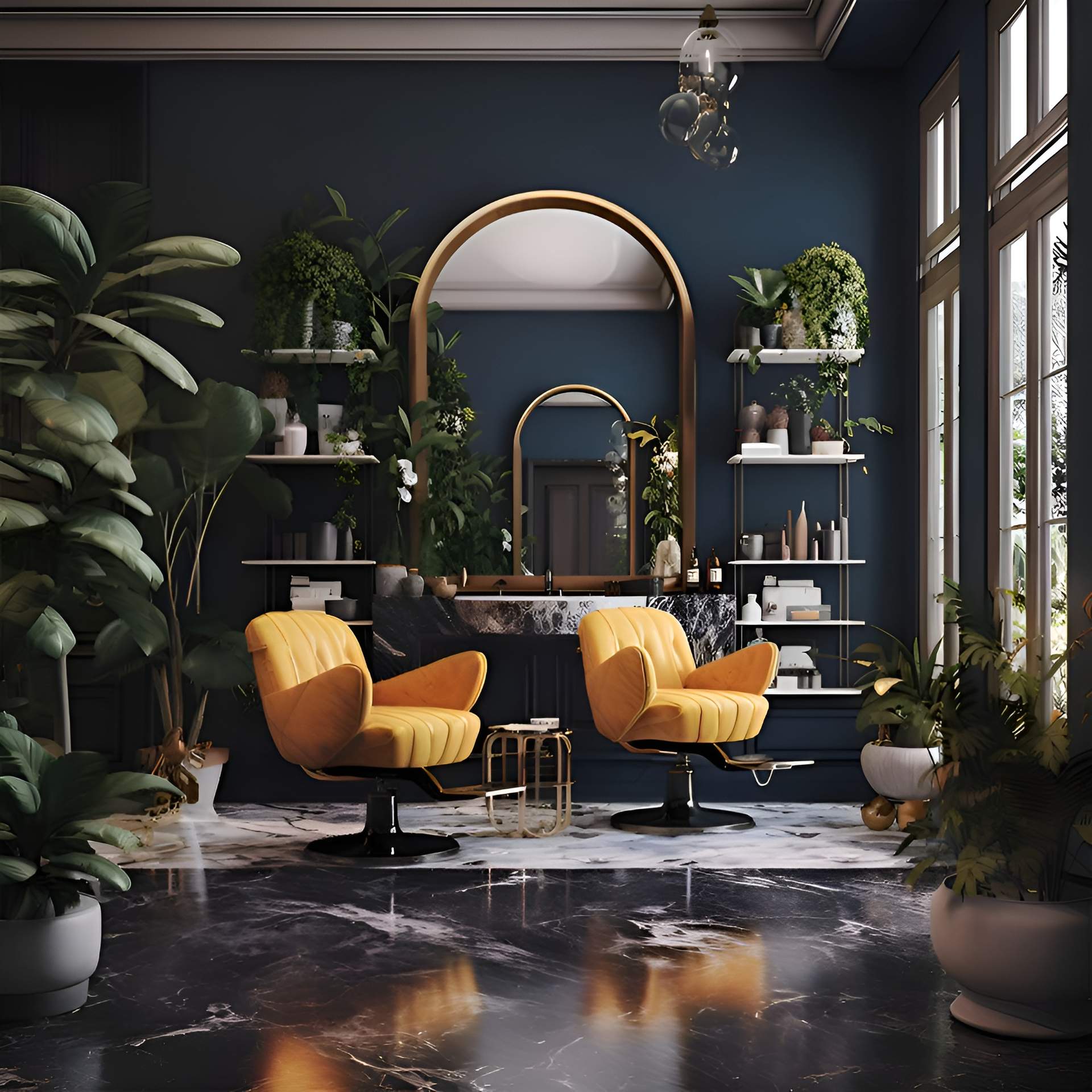 yellow blue hair salon interior