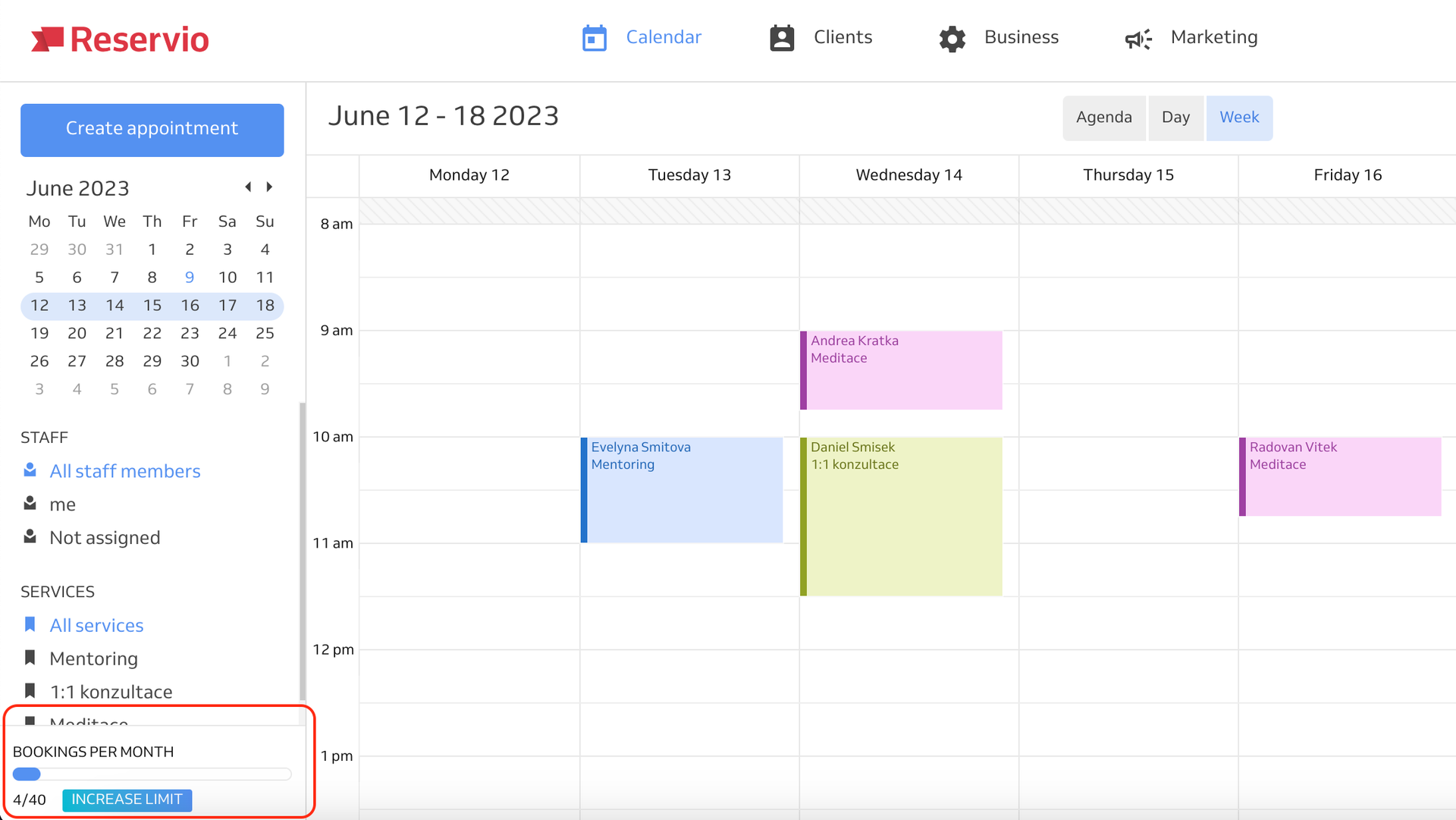 Reservio calendar with created reservations showing how the booking limit works and where to increase it