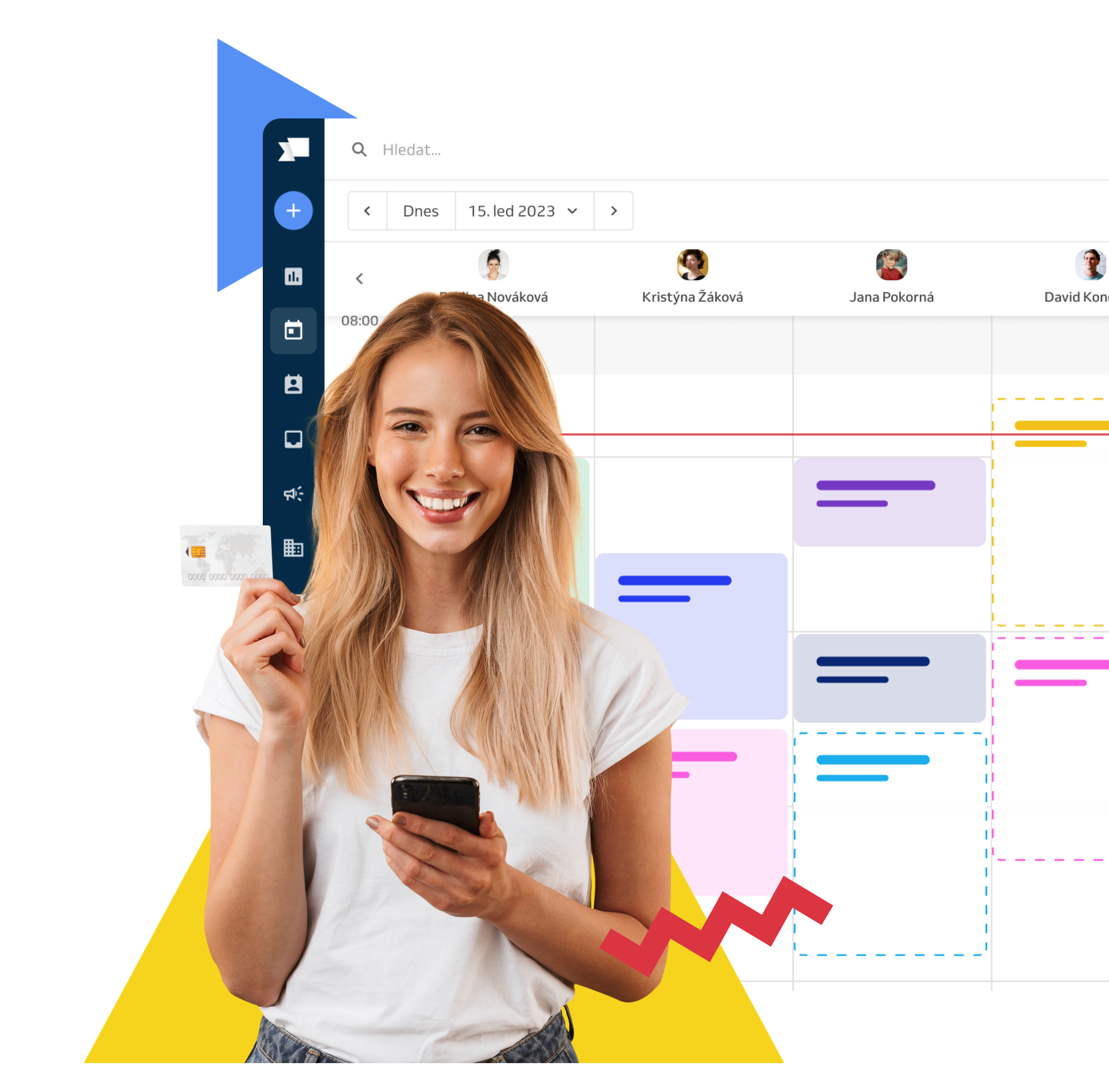 happy woman with a credit card and booking calendar