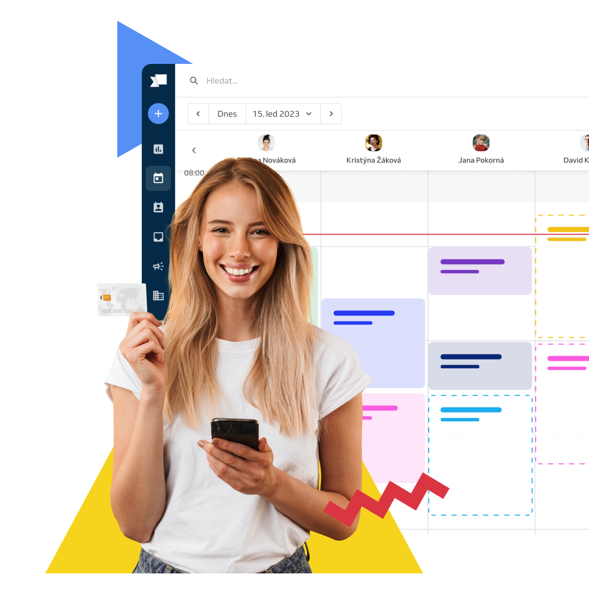 happy woman with a credit card and booking calendar