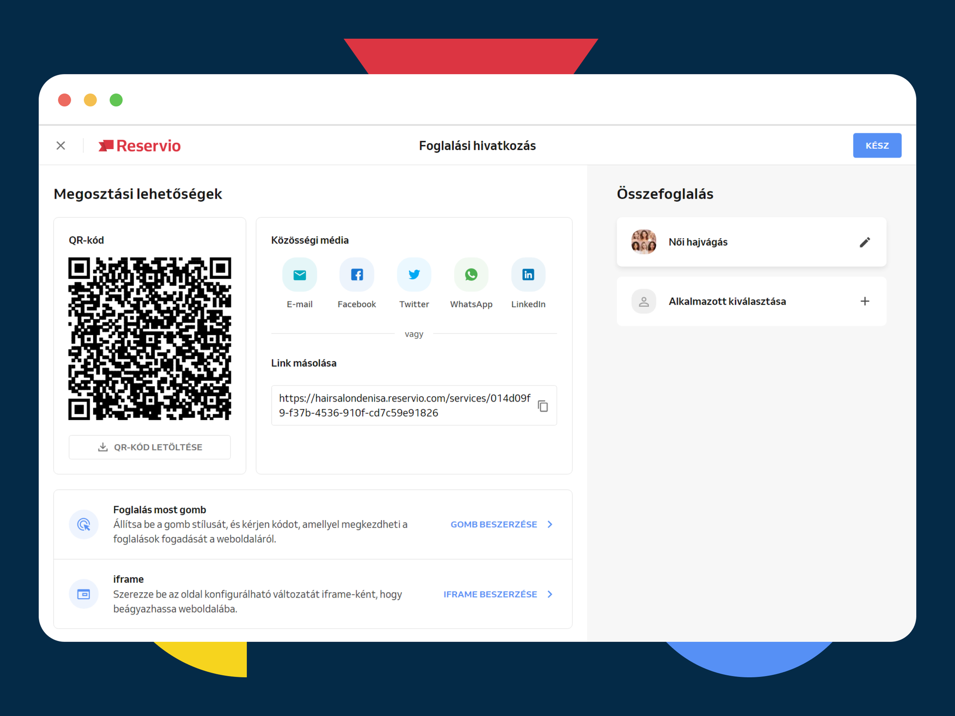 foglalási link képernyő
