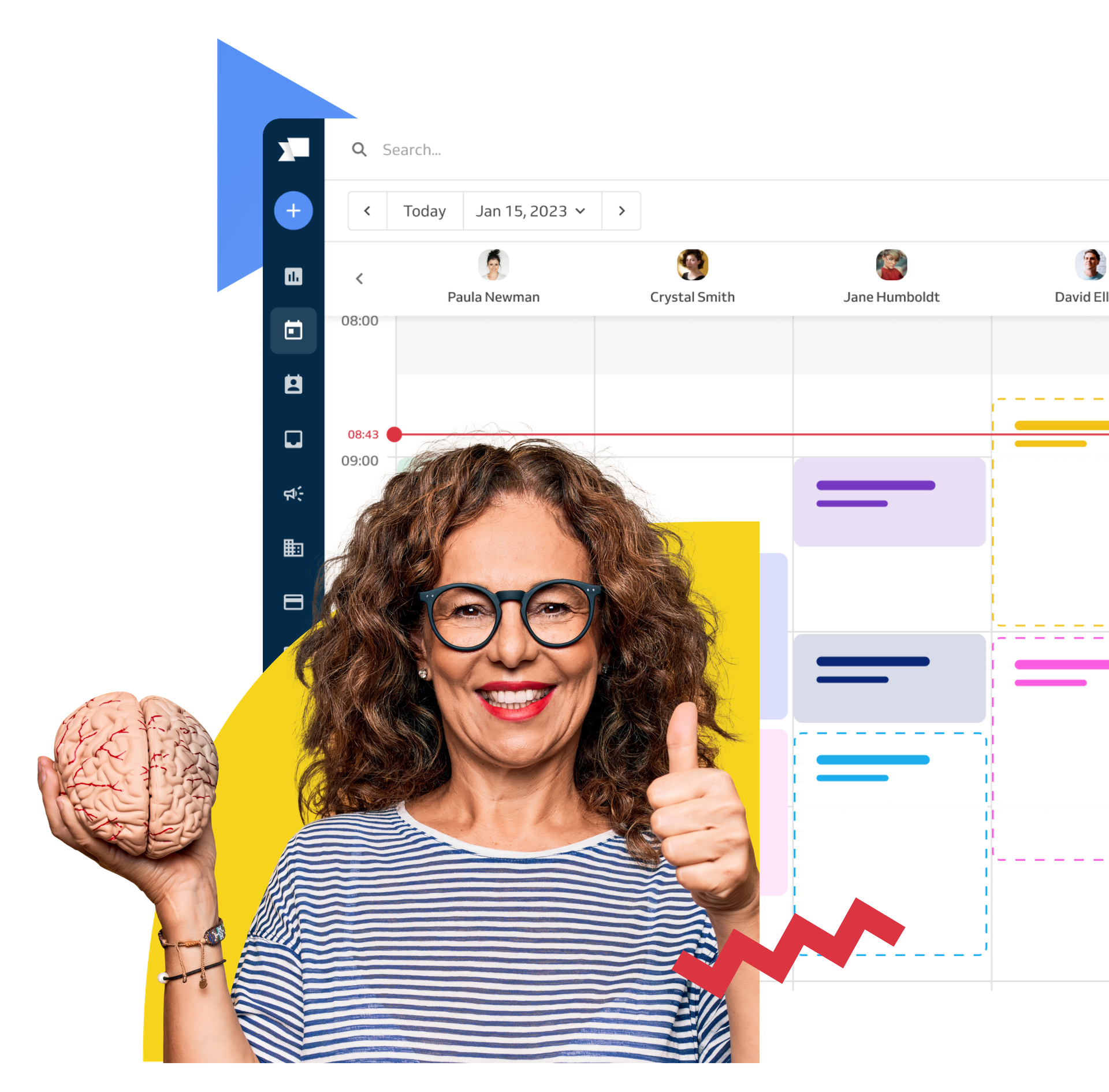 coach holding a brain sculpture; booking software