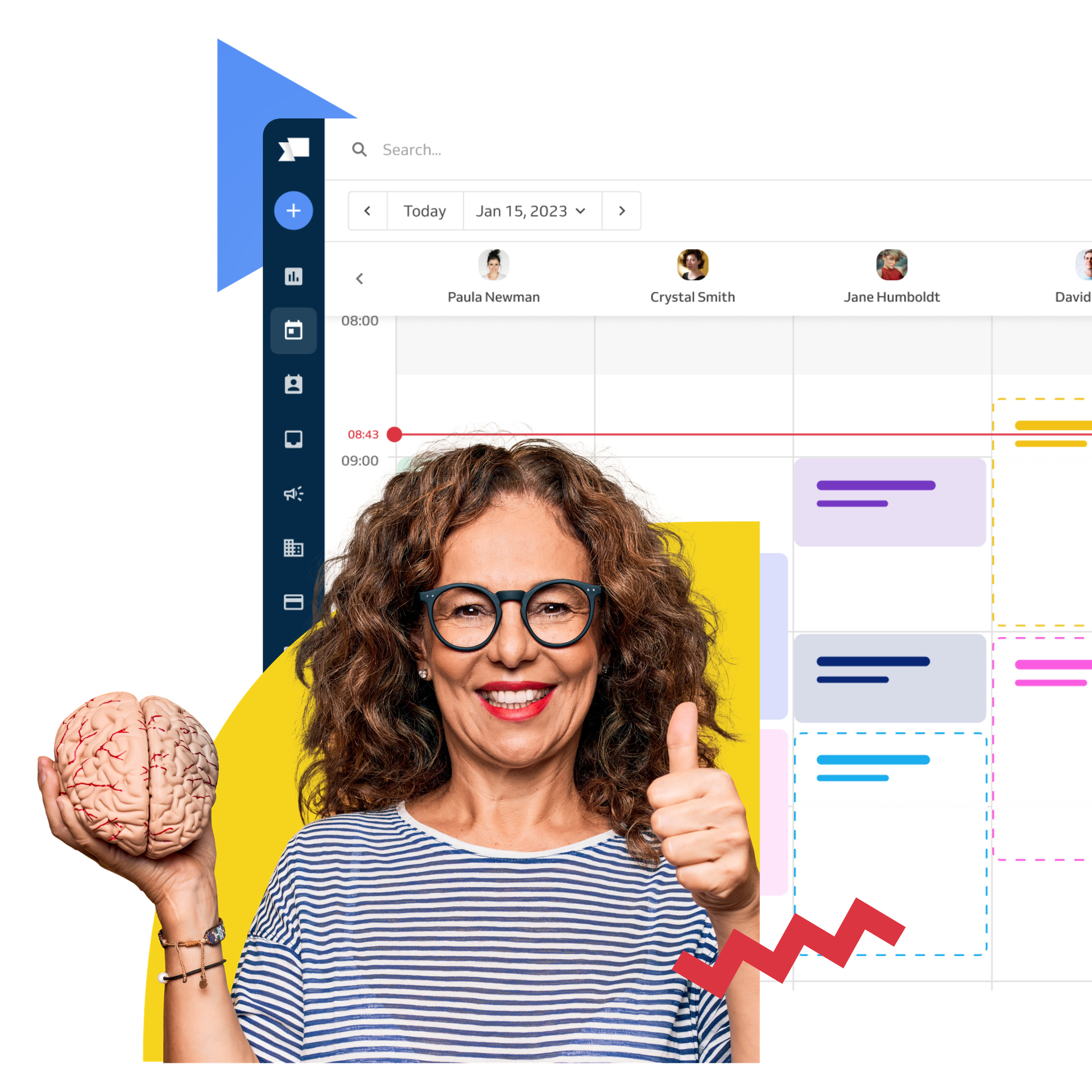 coach holding a brain sculpture; booking software