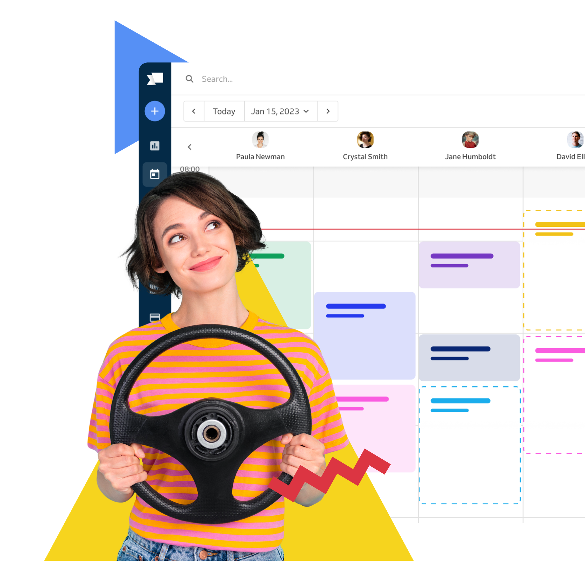 woman holding a steering wheel; booking calendar