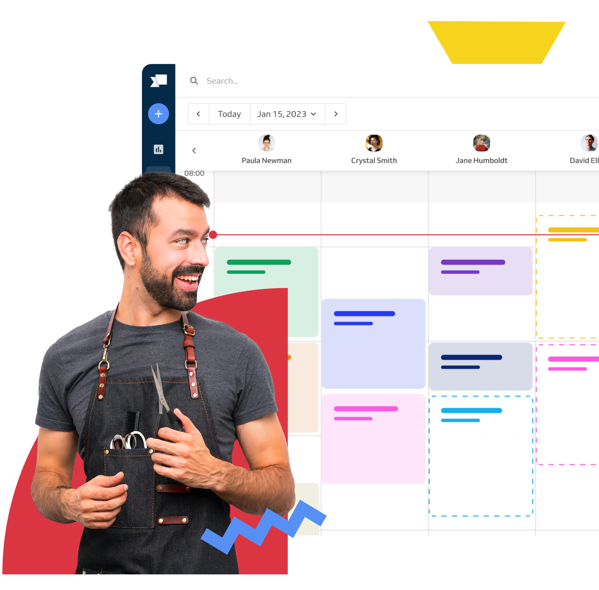 barber with scissors and apron, booking calendar