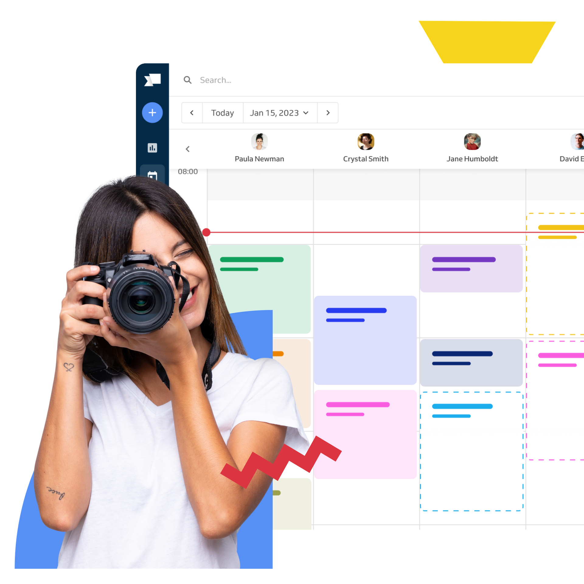 woman with a camera taking a picture; booking calendar