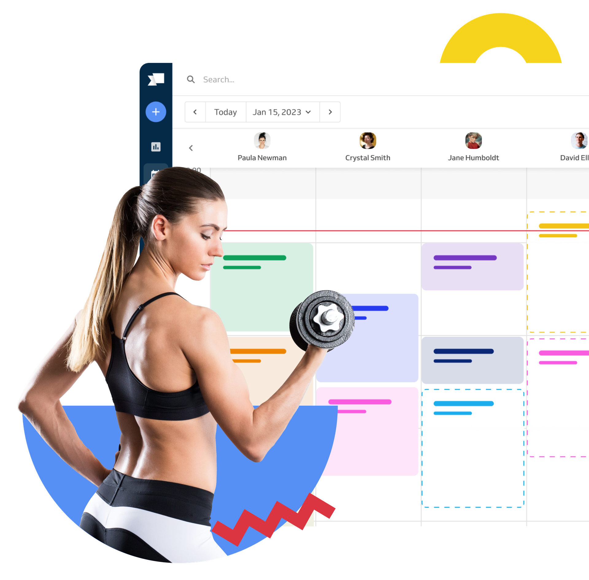 woman lifting a dumbell, booking calendar