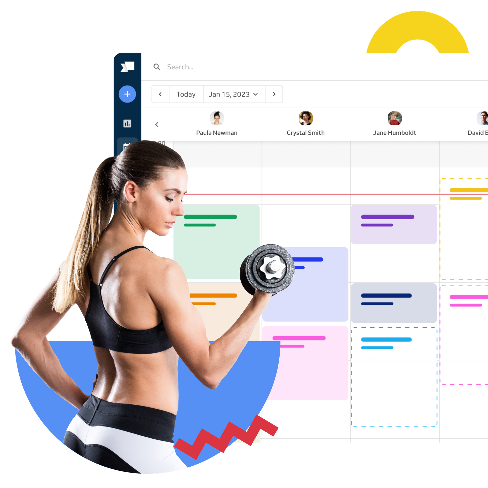 woman lifting a dumbell, booking calendar