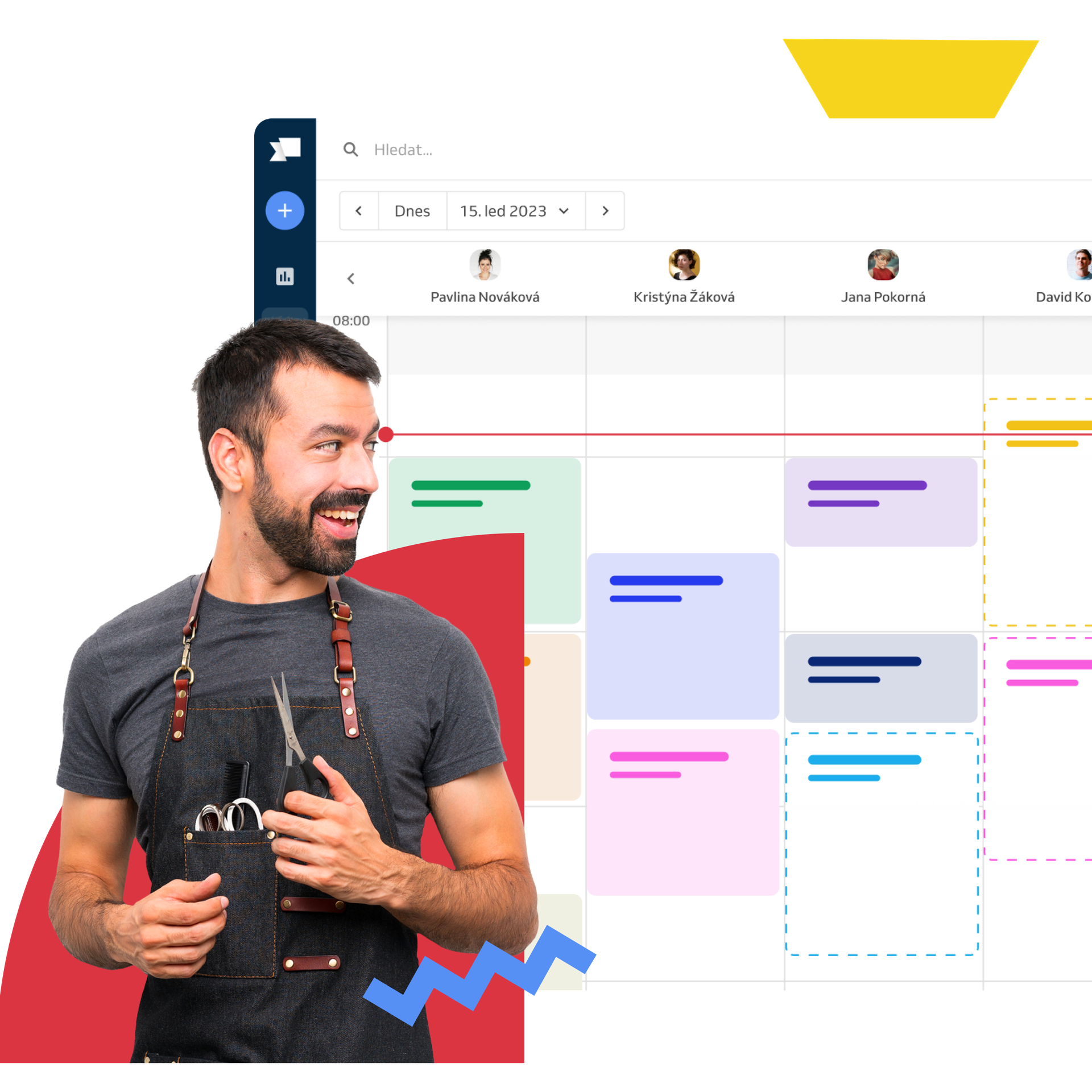 holič s nůžkami a zástěrou, rezervační kalendář