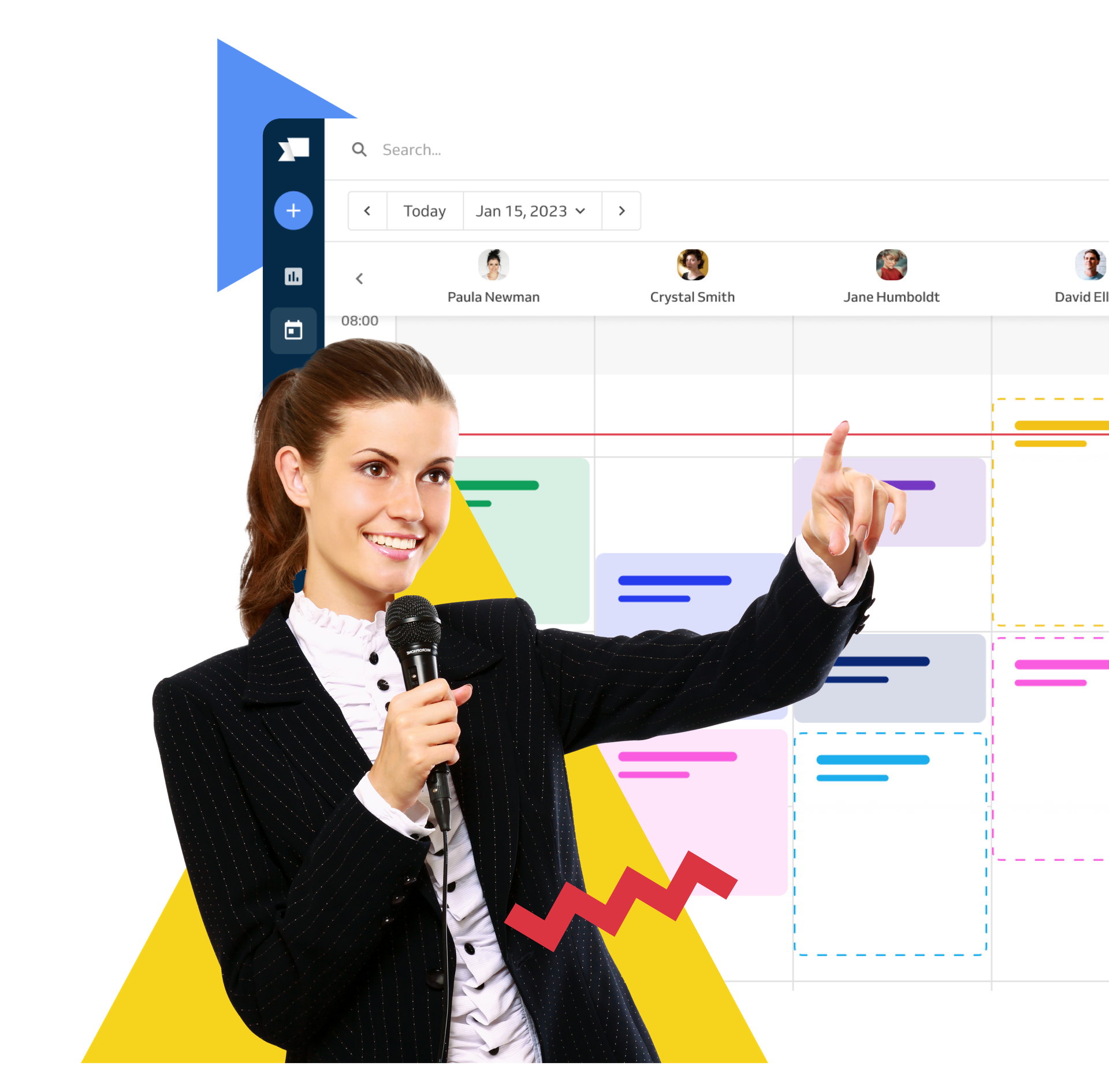 professional woman giving a speech; booking calendar