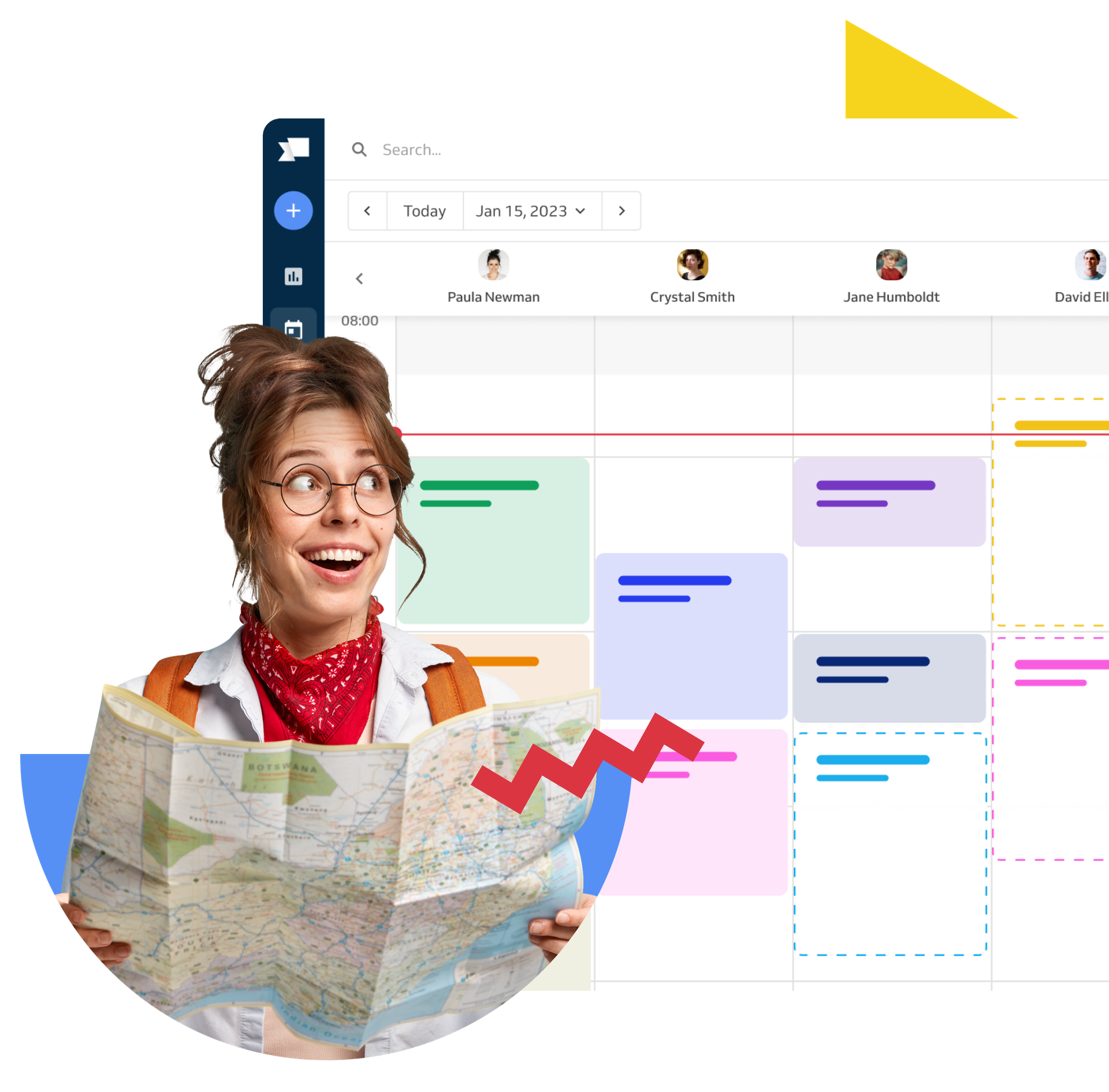 tour guide with a map; bookign calendar