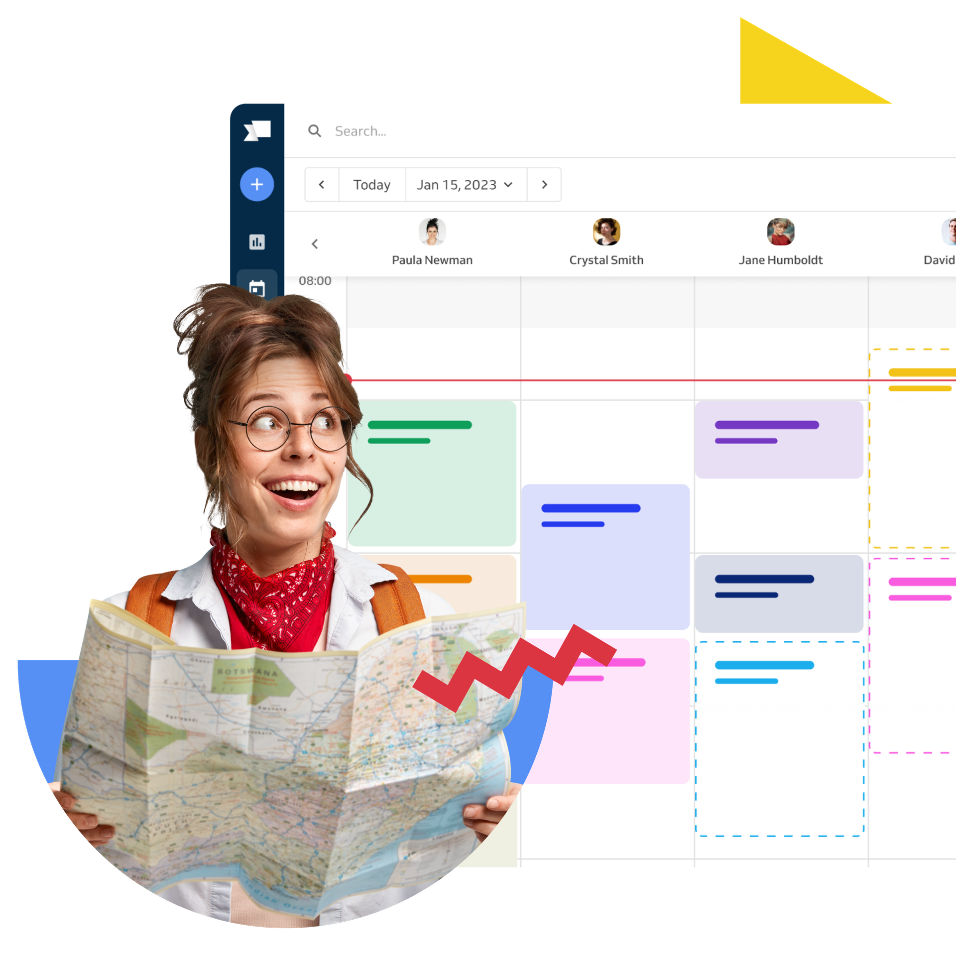 tour guide with a map; bookign calendar