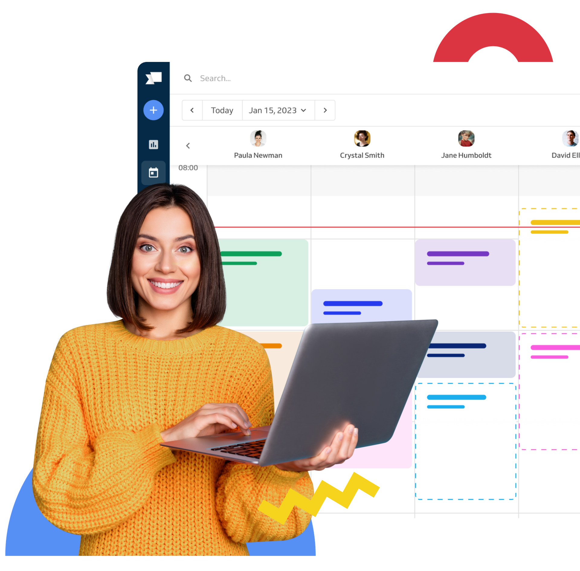 smiling woman with laptop; booking calendar