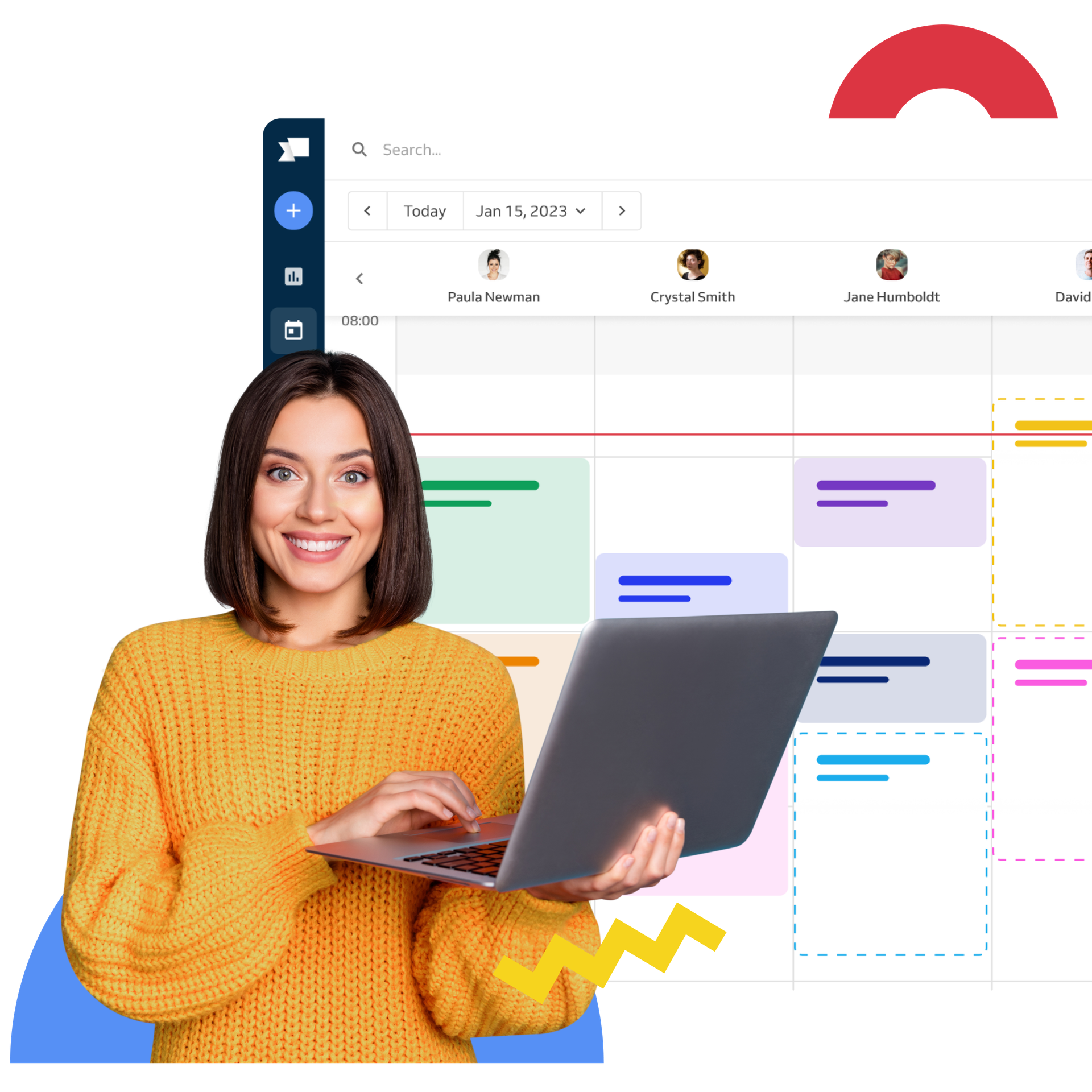 smiling woman with laptop; booking calendar